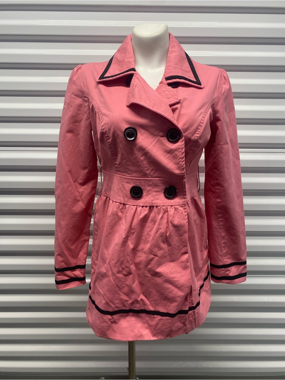 Candie's Pink Double-Breasted Pea Coat with Black Trim